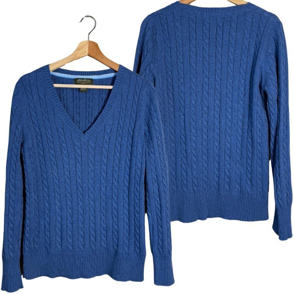 Vintage Eddie Bauer Cable Knit V-Neck Sweater Pullover Women's Large Blue Soft